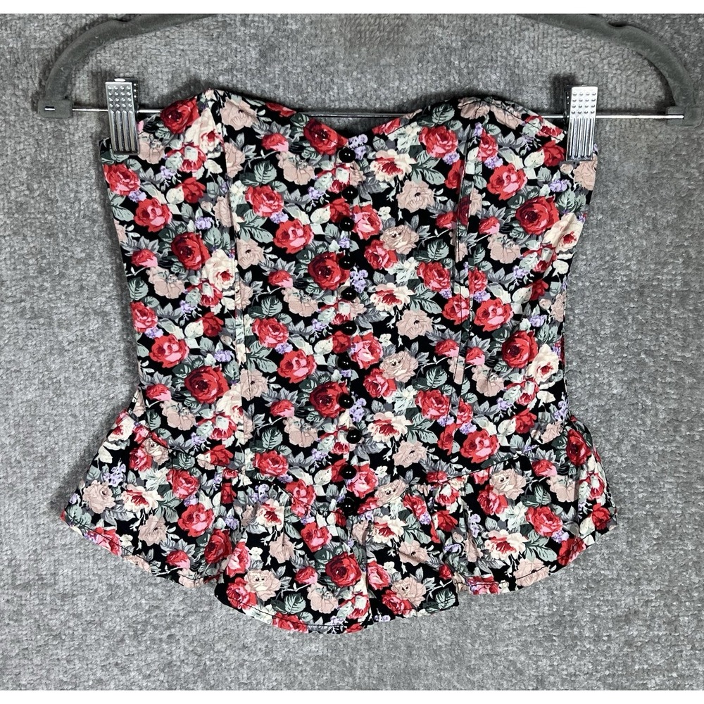 Zinga Top Womens Sz S Floral Strapless Smocked Back Peplum Hem Structured Corset